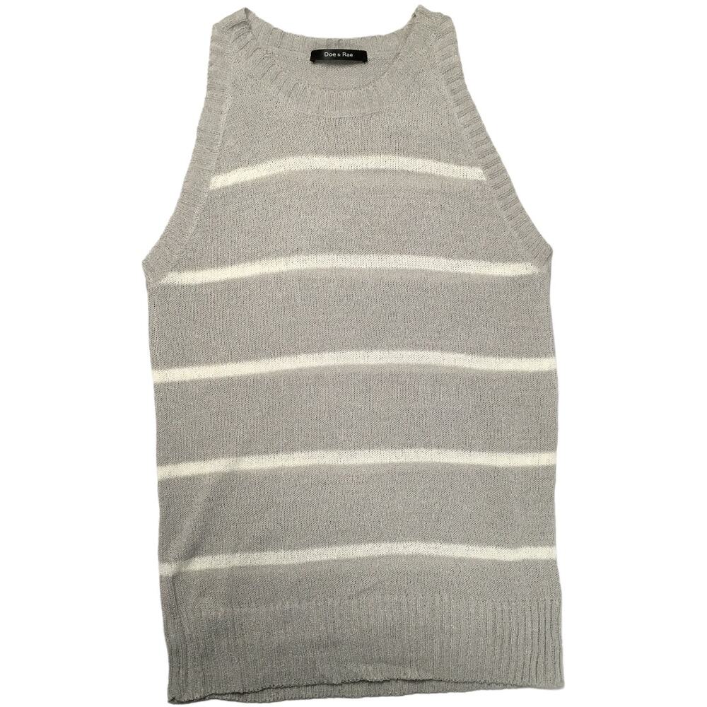 Doe & Rae Sweater Knit Shell Tank Top Grey Off-White Stripe High Neck Sleeveless